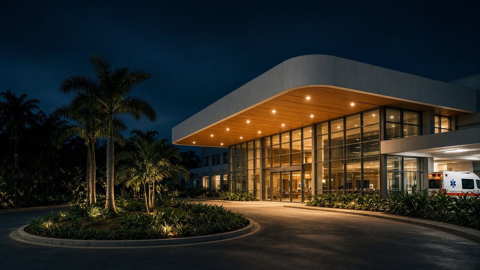 Hospital campus at night by Viarch Consultancy